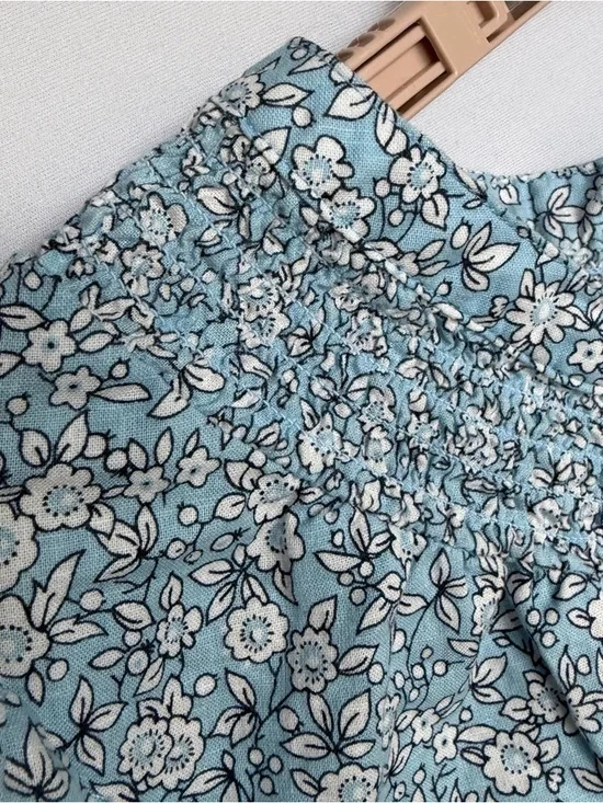 J Crew Blue Floral Smocked Button Up Blouse XXL Linen Cotton Puff Sleeve Shirt - Picture 9 of 15